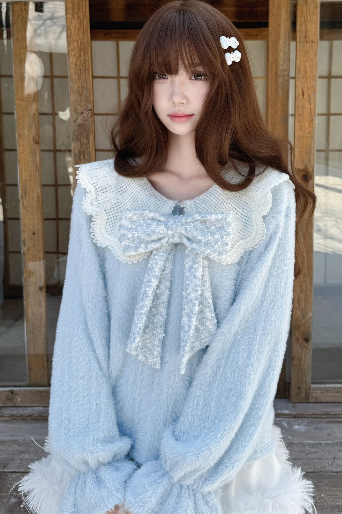 Blue Sky Star Fluffy Knit Top and Skirt Set