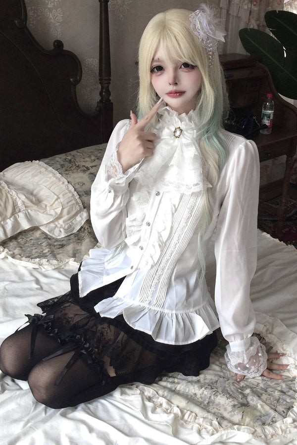White Ruffle Lace Top and Black Skirt Set-Up