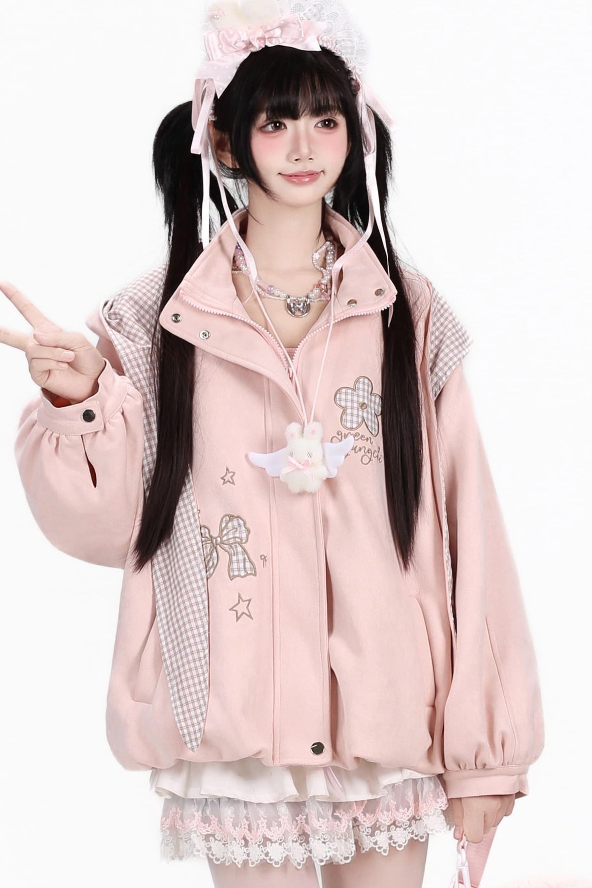 Plaid Bow Embroidered Hooded Suede Jacket