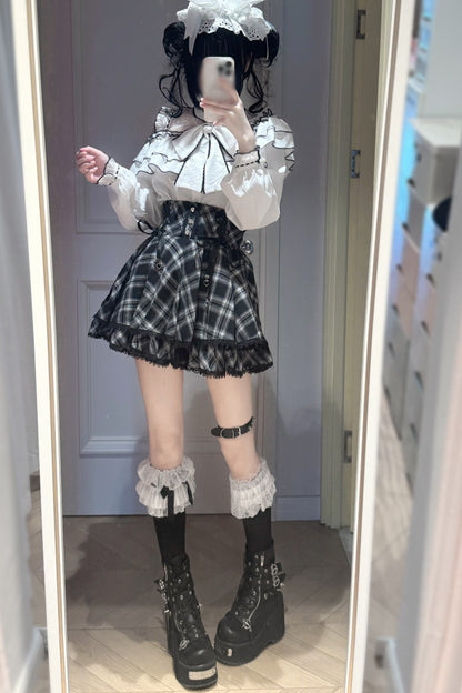 Long-Sleeved Lace Plaid Half Skirt and Top Set-Up