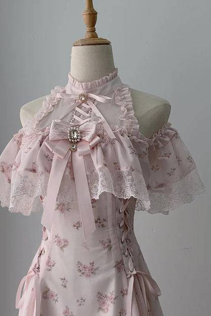 [Preorder Deadline: June 15] Pink Floral Chiffon Lace Jeweled Ribbon Open-Shoulder Long Dress