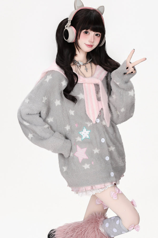 Star Faux Mink Knit Cardigan
