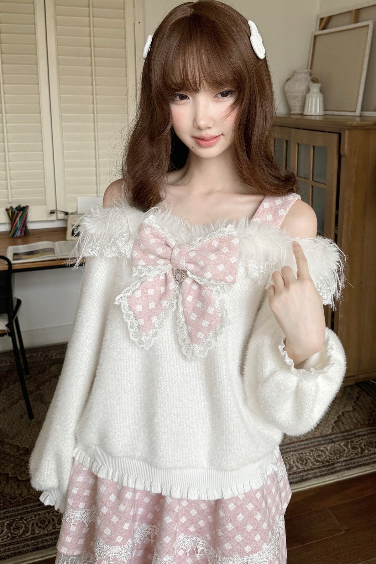 White Rabbit One-Shoulder Sweater Skirt Set