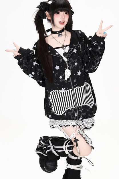 Star Print Hooded Sweatshirt Jacket