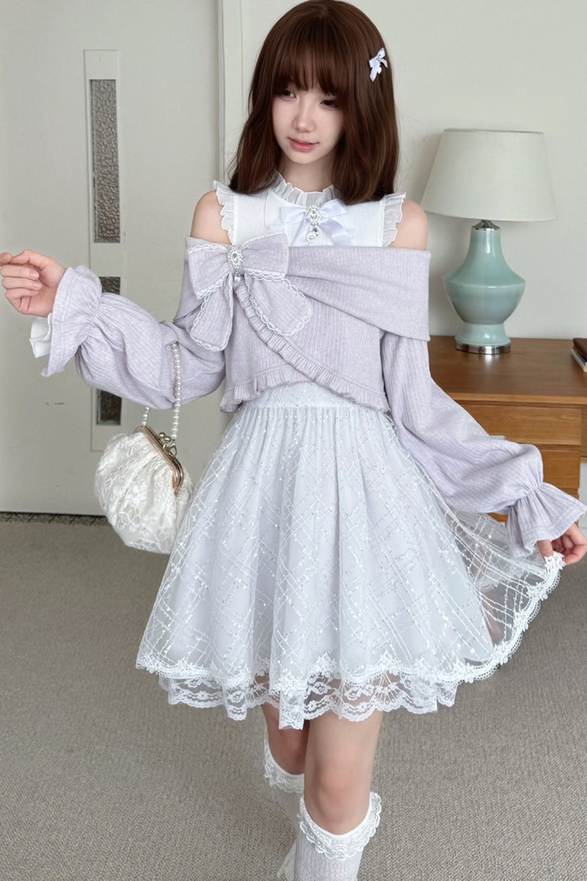 Silver Thread Gauze Off-Shoulder Dress and Top Set