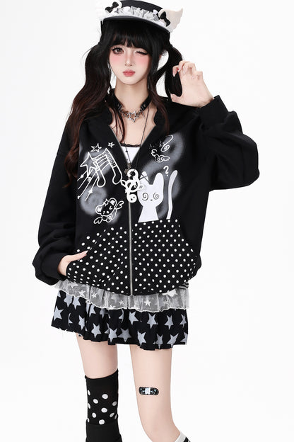 Süßer lockerer Hoodie mit Rüschenkapuze und Punkten