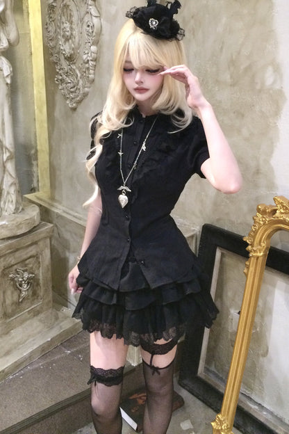 Black Puff Sleeve Lace Patchwork Top and Skirt Set