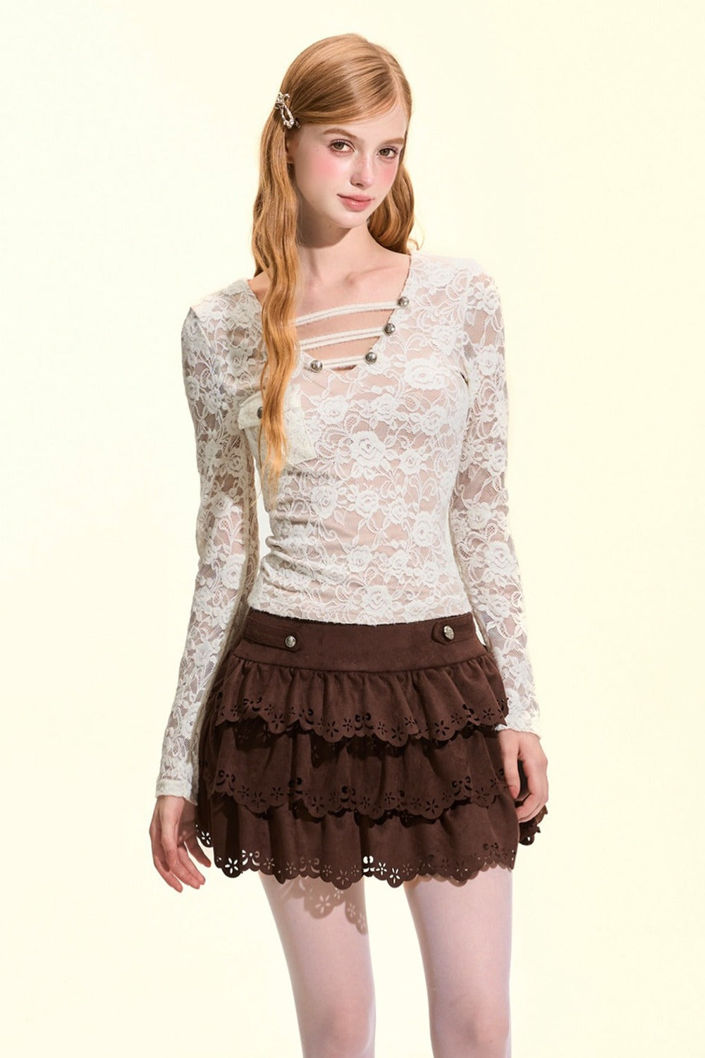 Brown Suede Multi-Layered Ruffle Cake Skirt