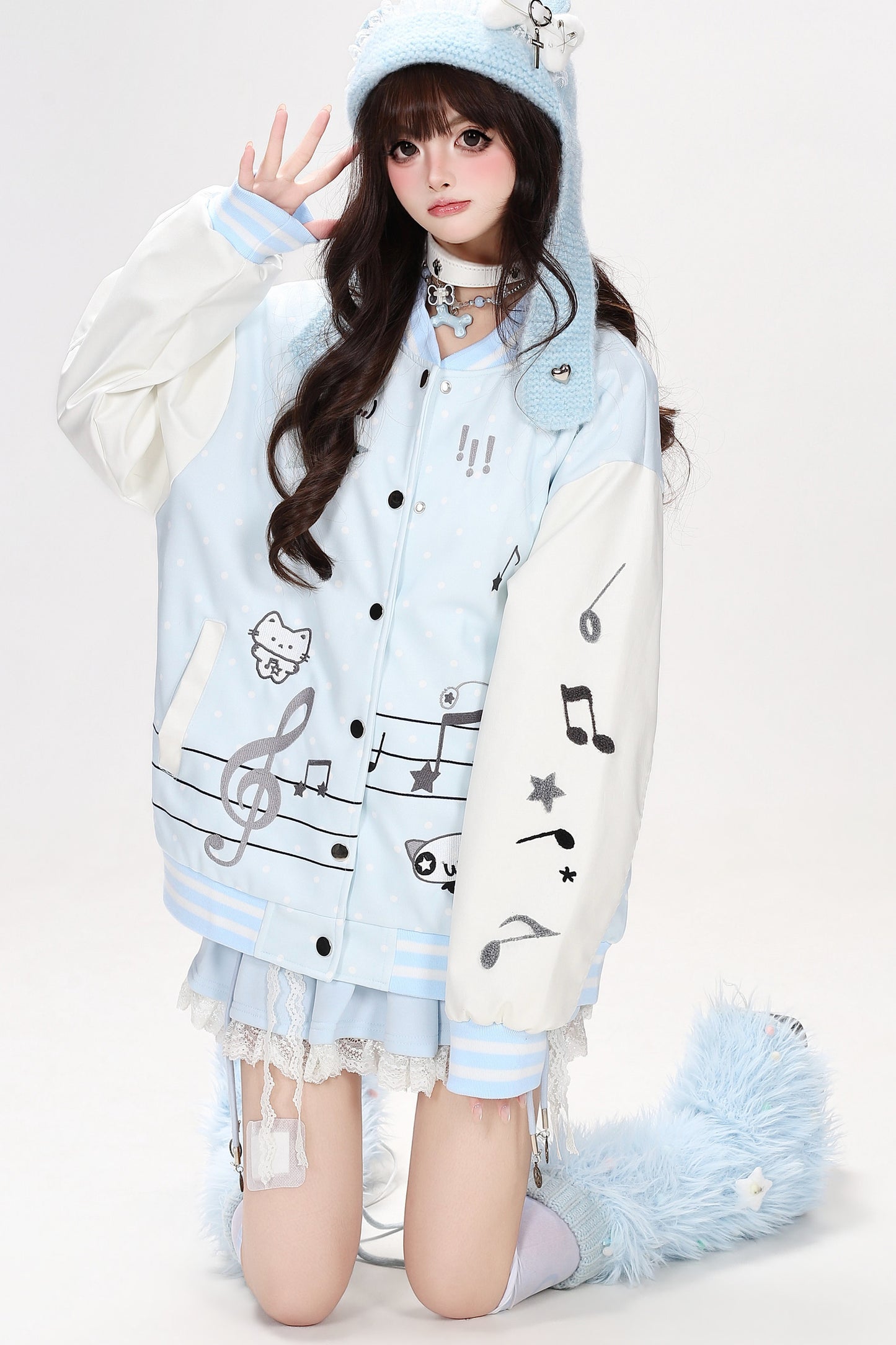 Musical Note Kitten Embroidery Baseball Jacket