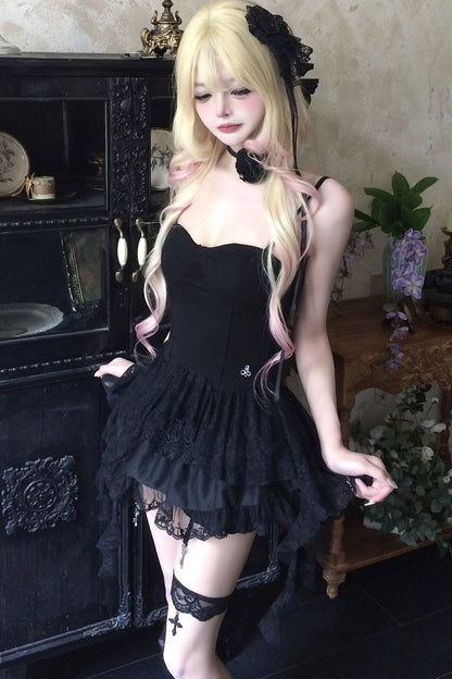 Schwarzes Spitzen-Tube-Top-Kleid mit freiem Rücken und Bindeband