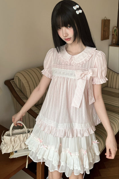 Loose Peach Textured Plaid Doll Shirt And Lace Dress Set-Up