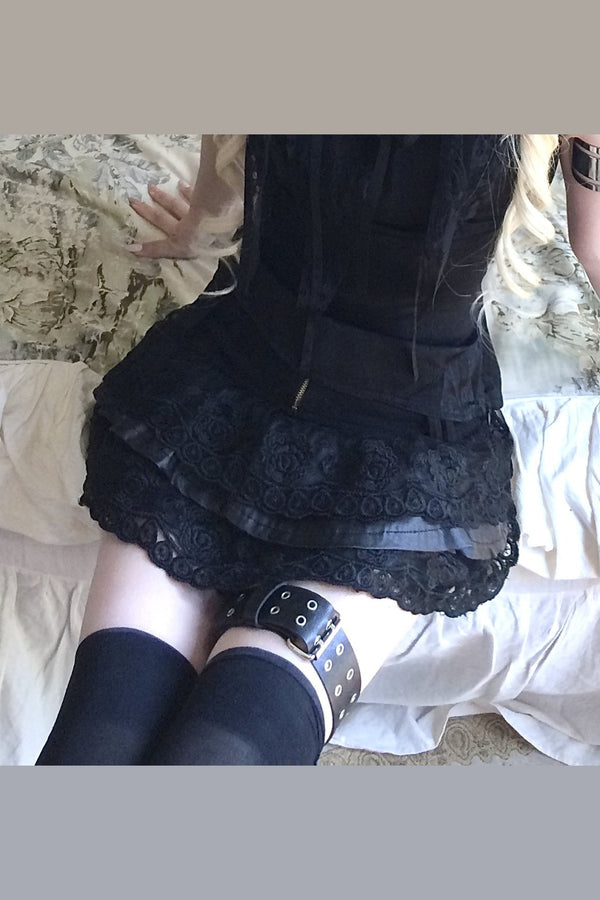 Black Lace Hollow Out Halter Top and Mini Skirt Set
