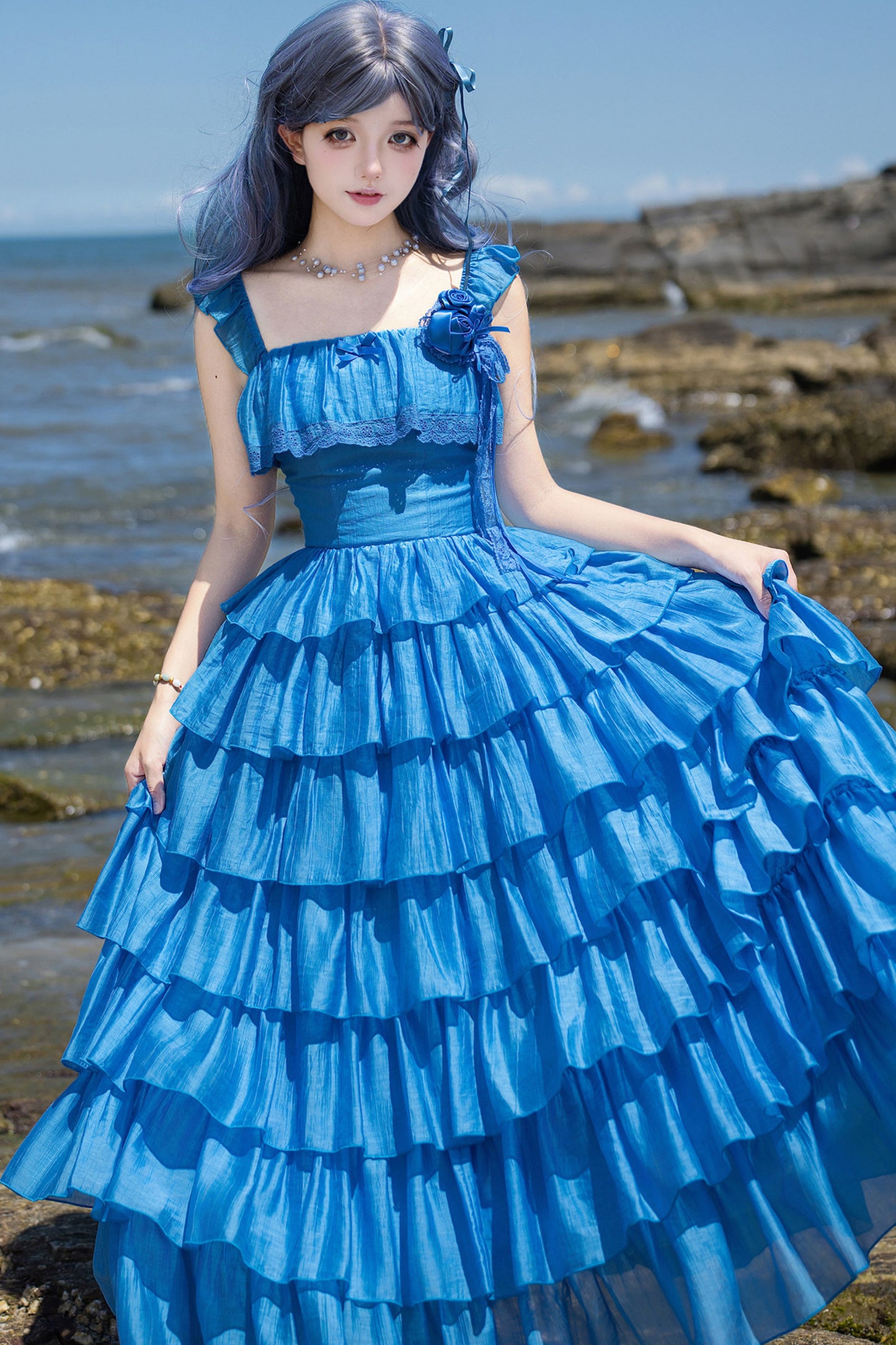 Seven-Layer Ruffle Square Neck Dress, Hair Accessory and Jacket Set-Up