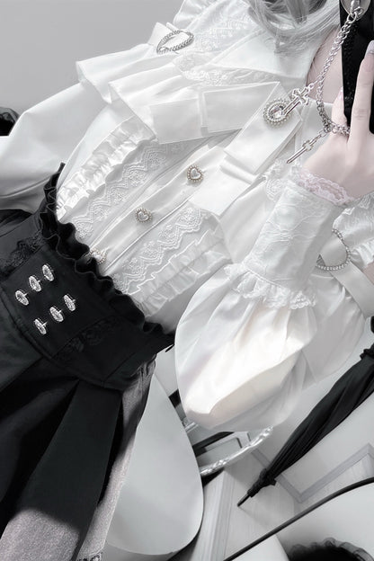 [Pre-order] Cold Shoulder Heart Buckle Long Sleeve Ruffle Lace Blouse with Bow Tie + Lace-Trim Pleated Mini Skirt Set