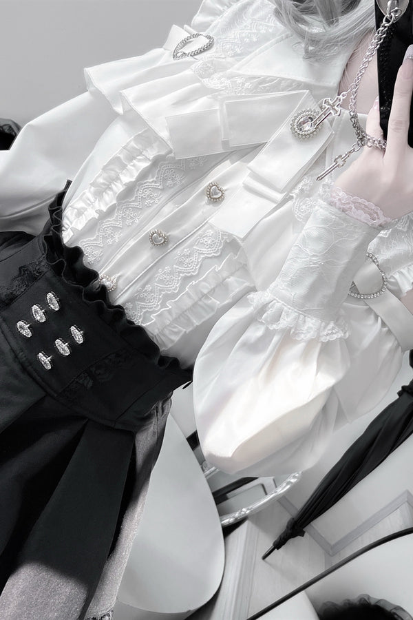 [Pre-order] Cold Shoulder Heart Buckle Long Sleeve Ruffle Lace Blouse with Bow Tie + Lace-Trim Pleated Mini Skirt Set