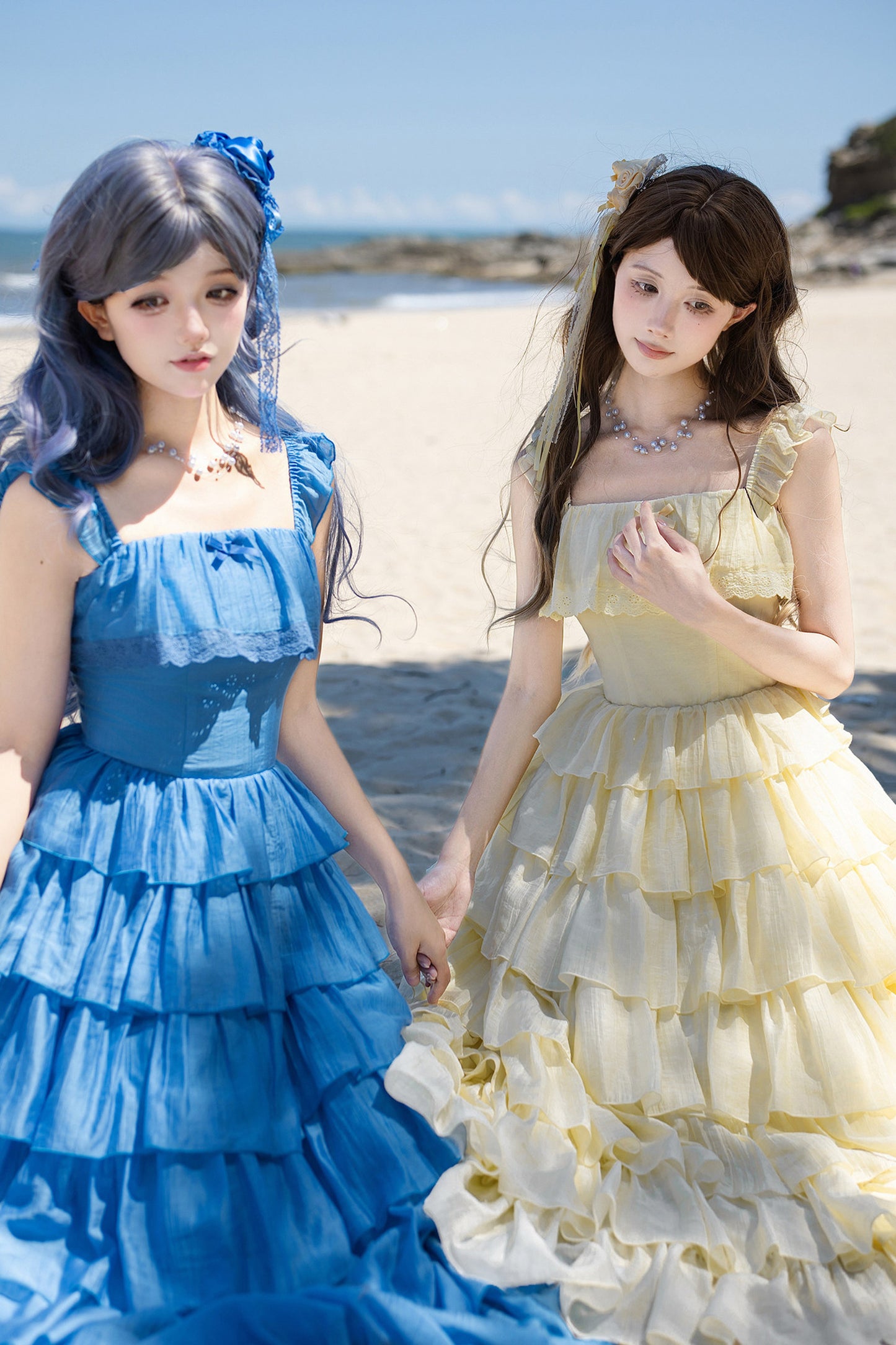 Seven-Layer Ruffle Square Neck Dress, Hair Accessory and Jacket Set-Up