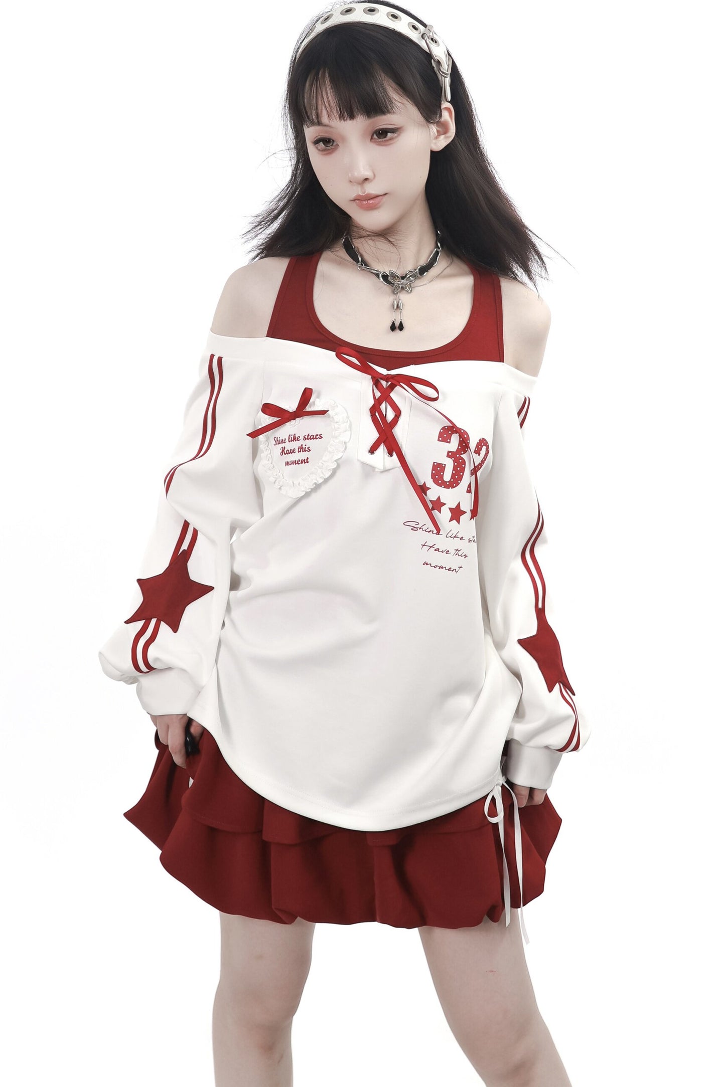 Off-Shoulder Layered Star Graphic Top & Bubble Skirt Set-Up