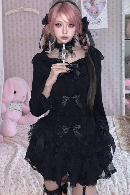 Multi-Layered Lace Bow Long Sleeve Top