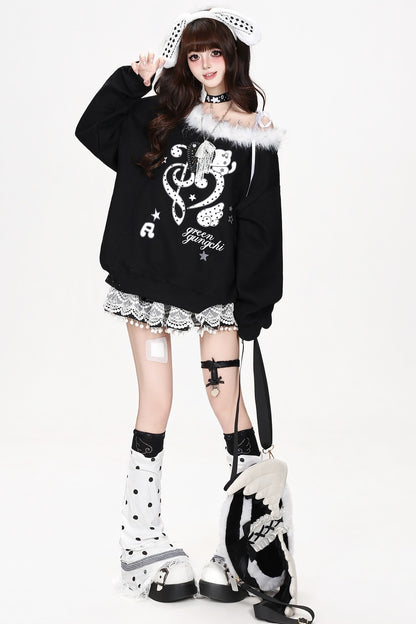Heart Musical Note Print Off-Shoulder Fur Collar Sweatshirt