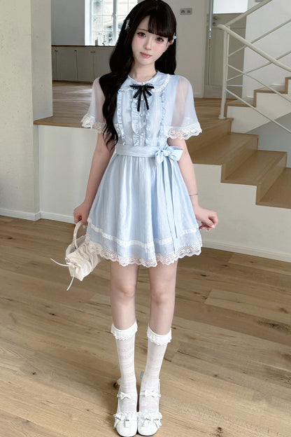 Sheer Cape Lace Waist-Cinching Blue Dress