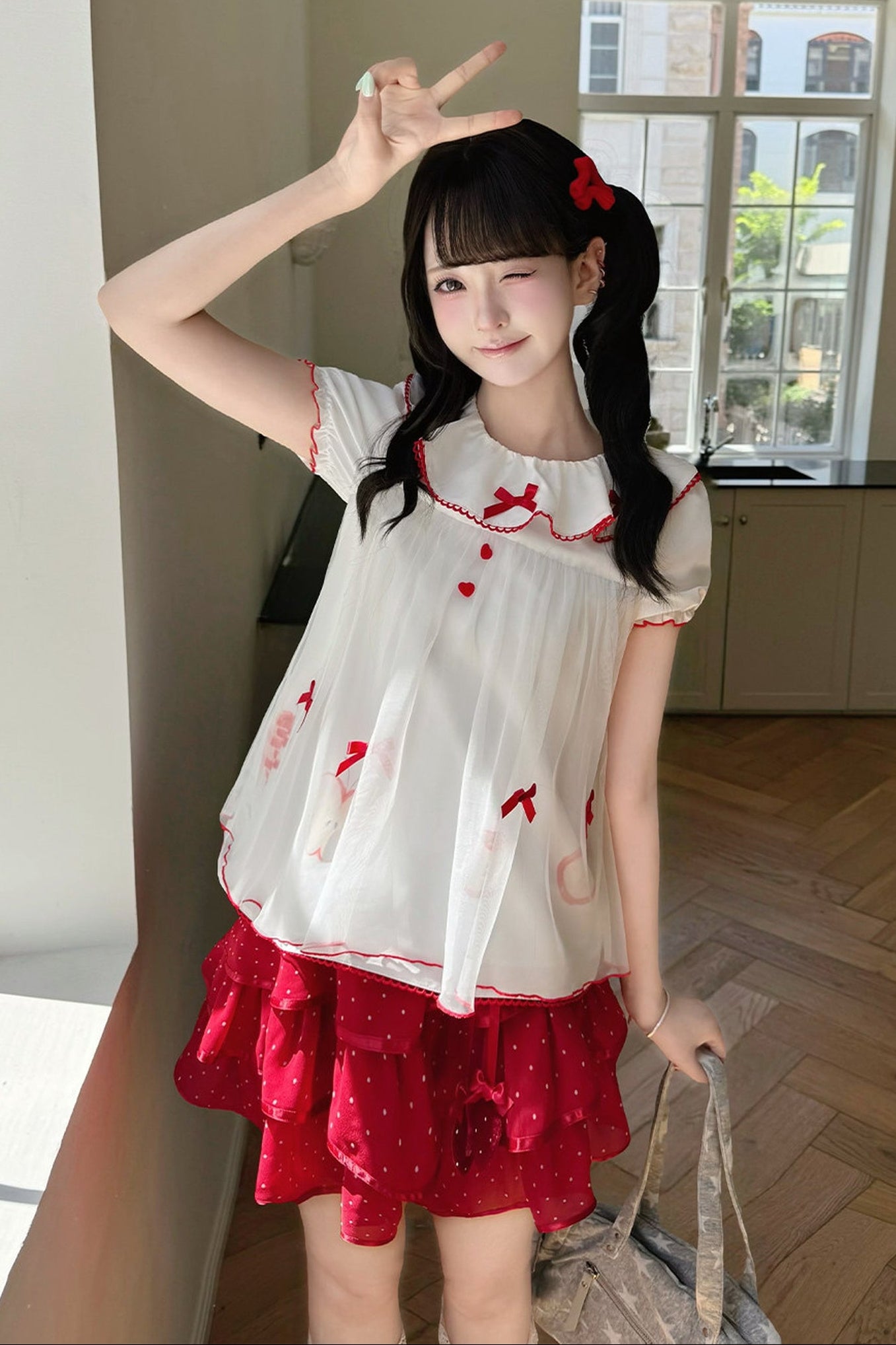 Loose Colorblock Apple Print Babydoll Top and Skirt Set-Up