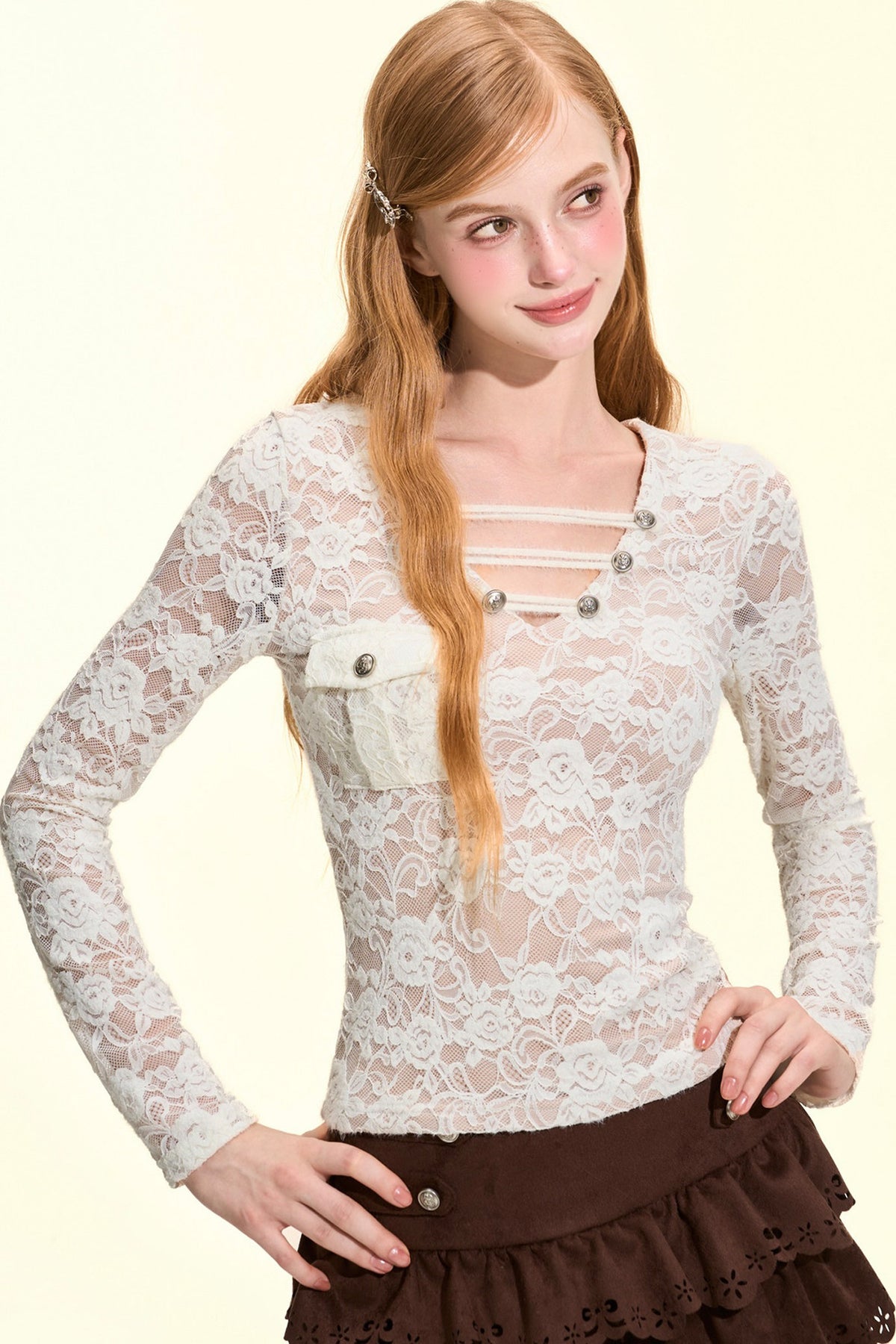 Metal Buckle V-Neck Lace Blouse