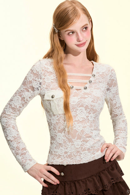 Metal Buckle V-Neck Lace Blouse