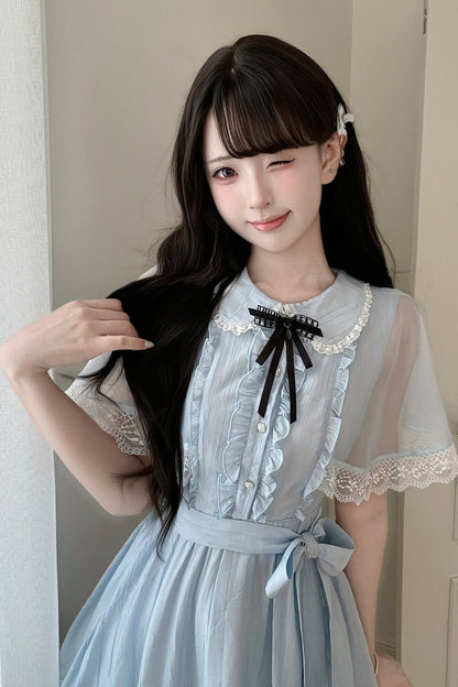 Sheer Cape Lace Waist-Cinching Blue Dress