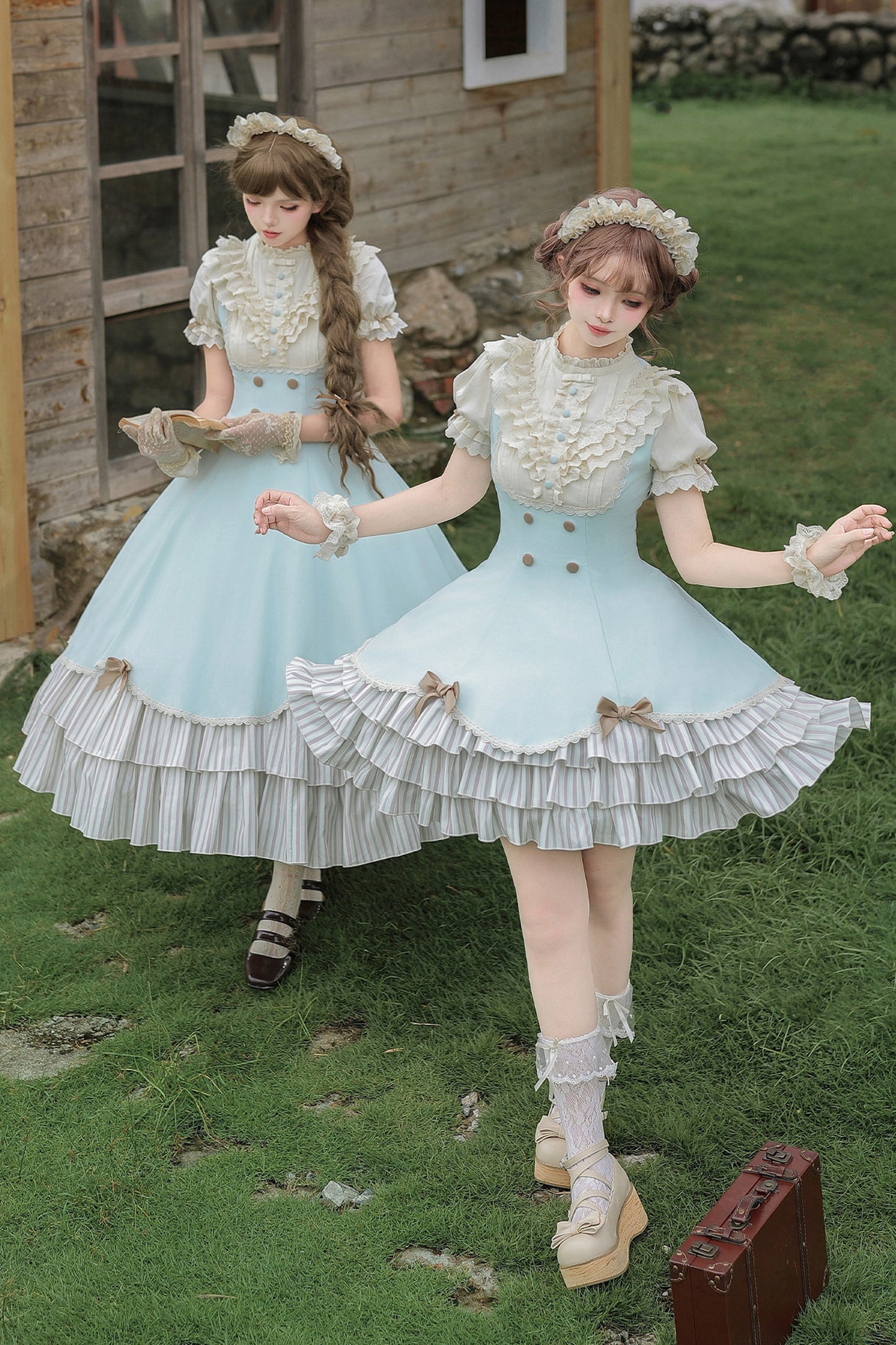 Lace Stand Collar Petal Hem Ruffle Dress