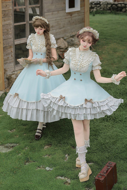Lace Stand Collar Petal Hem Ruffle Dress