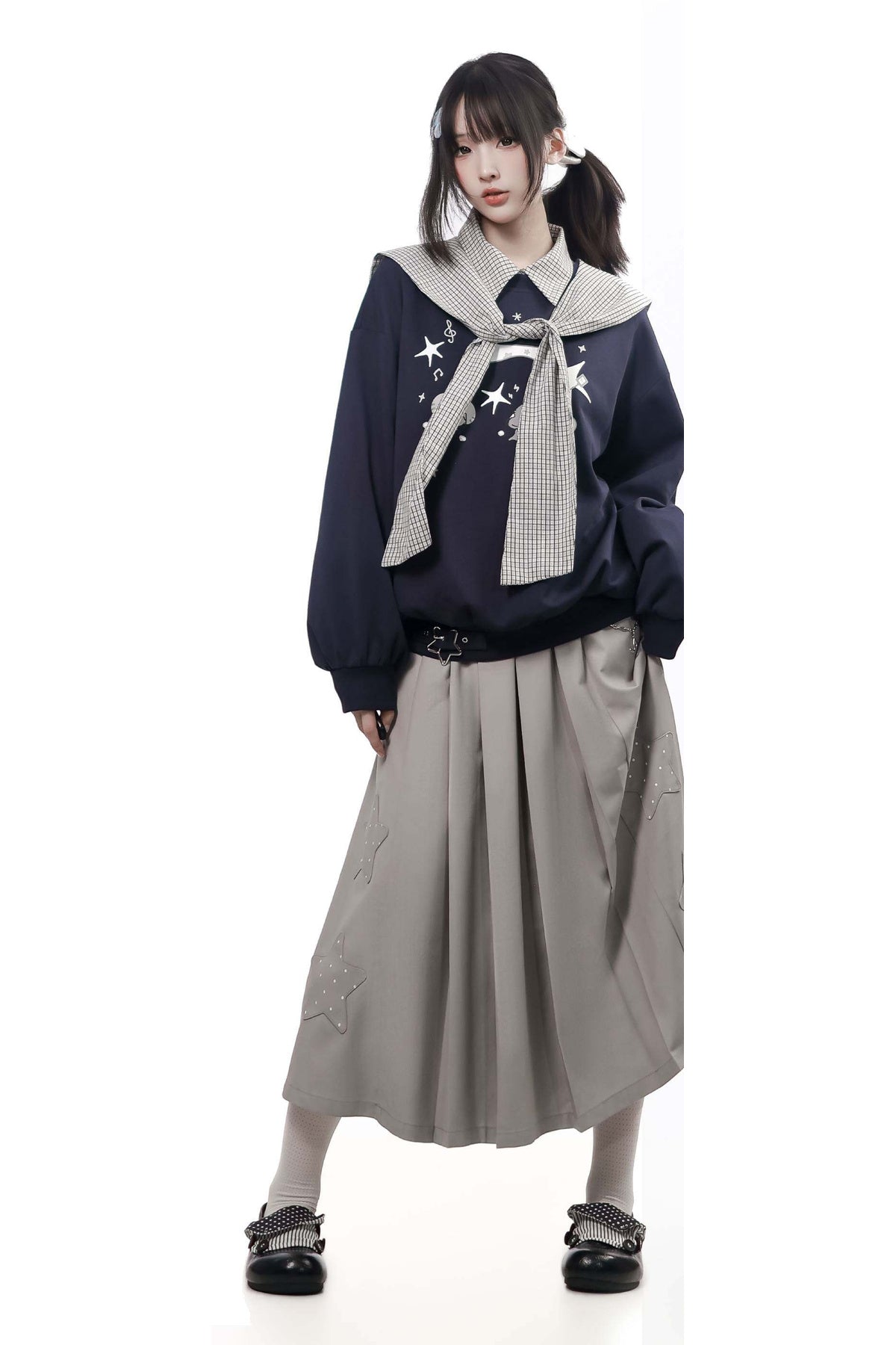 Star Plaid Shawl Sweatshirt Skirt Set-Up