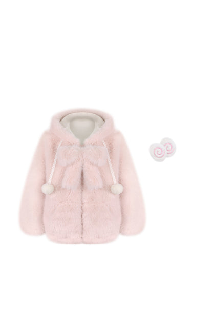 Pink Plush Jacket with Bow Brooch and Cake Skirt Set