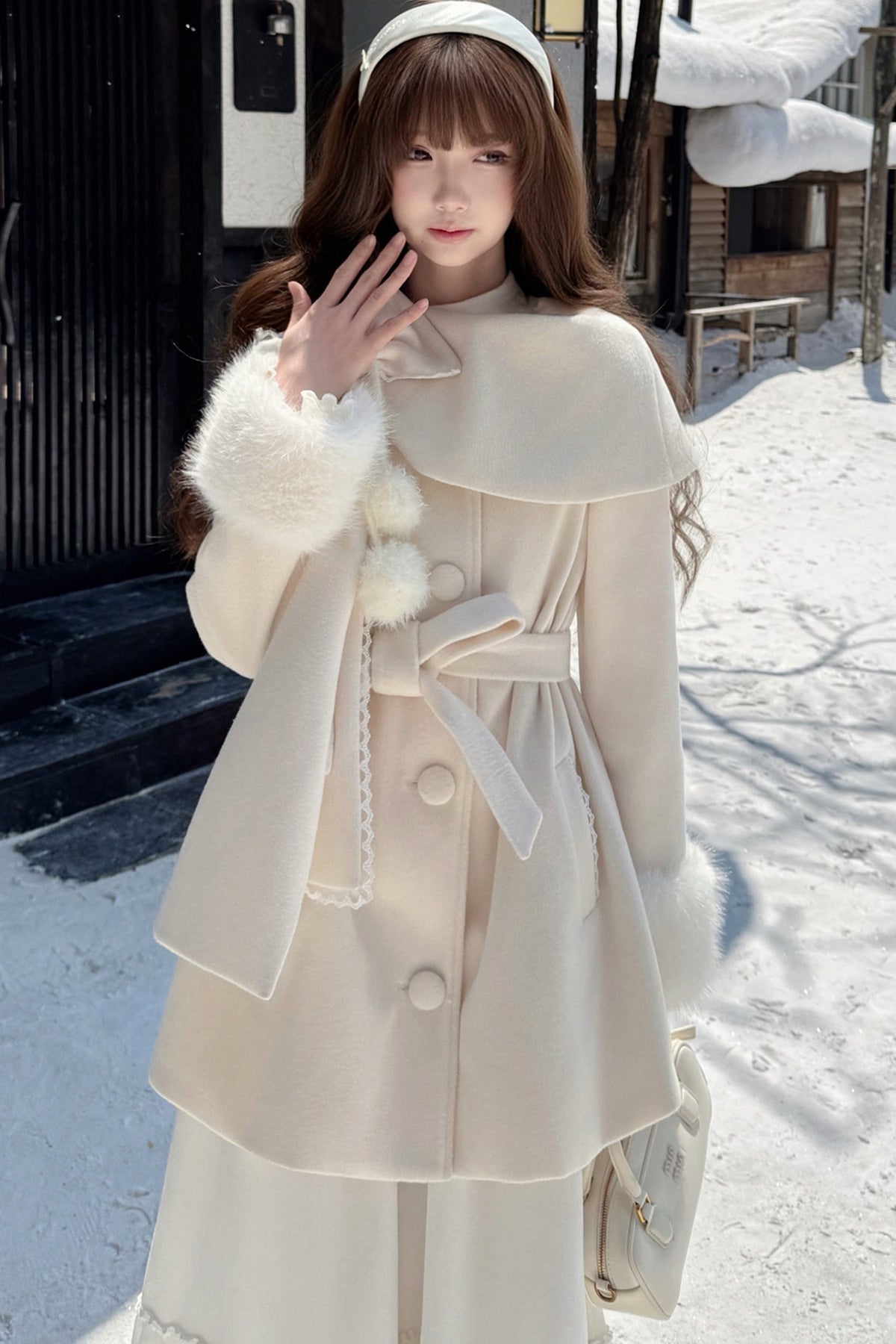 Apricot Wool Cape Coat and Skirt Set