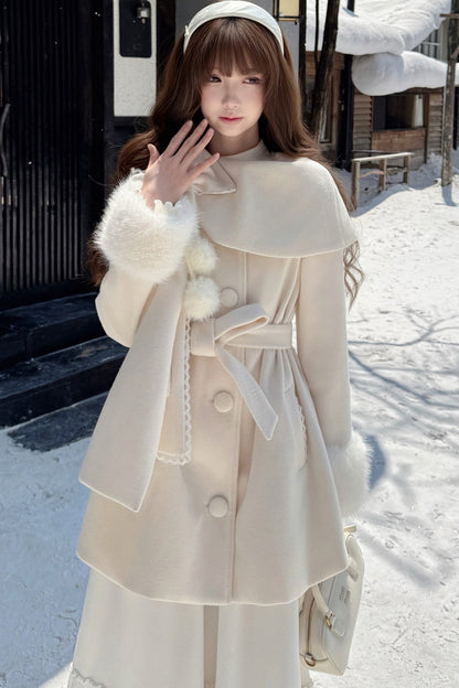 Apricot Wool Cape Coat and Skirt Set