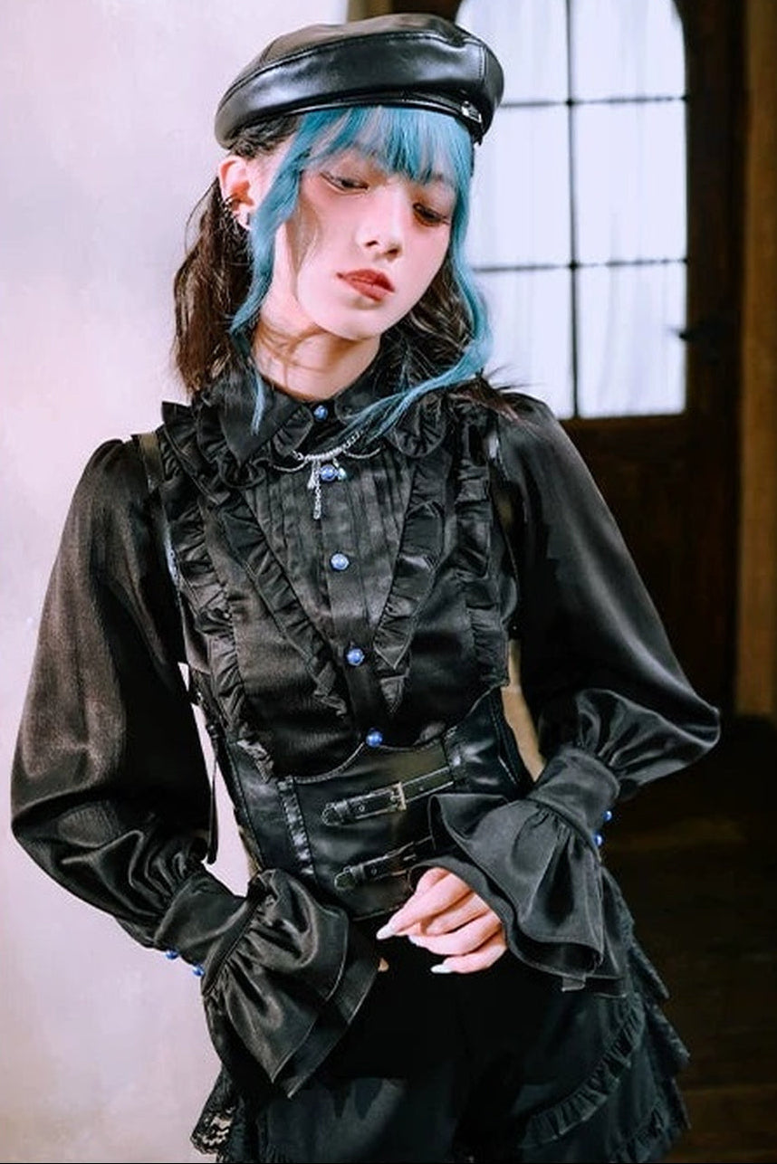Blue Tears Patchwork Lace Lantern Sleeve Shirt