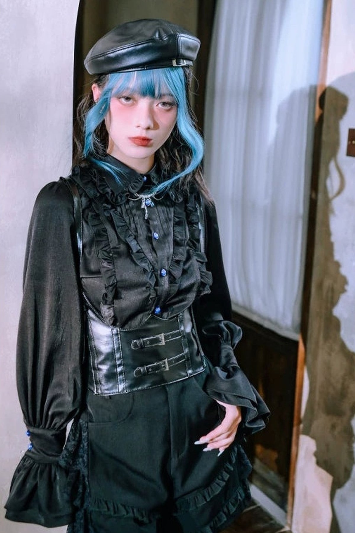 Blue Tears Patchwork Lace Lantern Sleeve Shirt