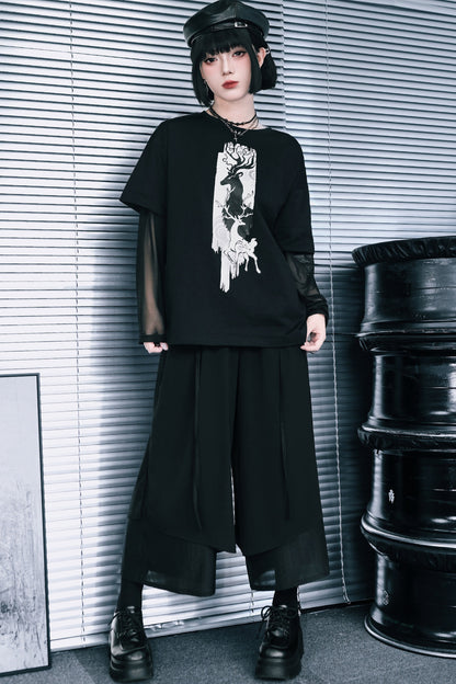 鹿プリントシアースリーブレイヤードTシャツ