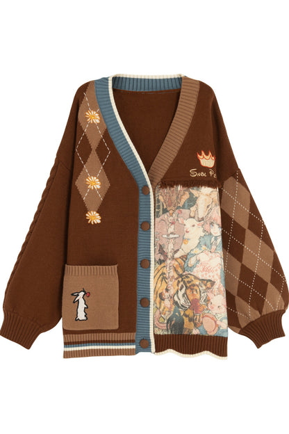 Vintage Oil Painting Knit Cardigan And Skirt