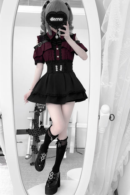 Cherry Short-Sleeve Shirt and Skirt Set-Up