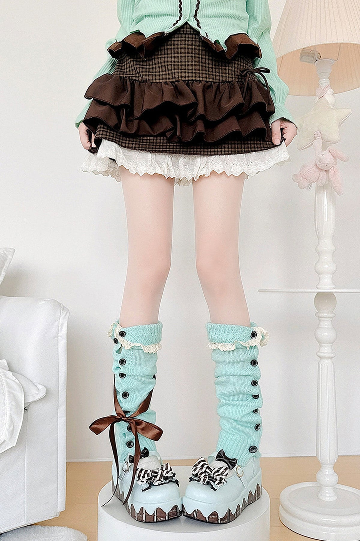 Mint Green Lace Button Leg Warmers