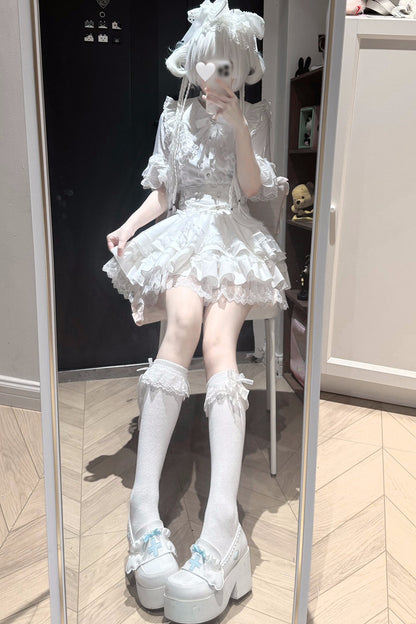 Cherry Short-Sleeved Lace Collar Shirt and Skirt Set-Up