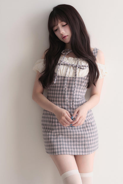 Small Checkered Off-Shoulder Tie Dress
