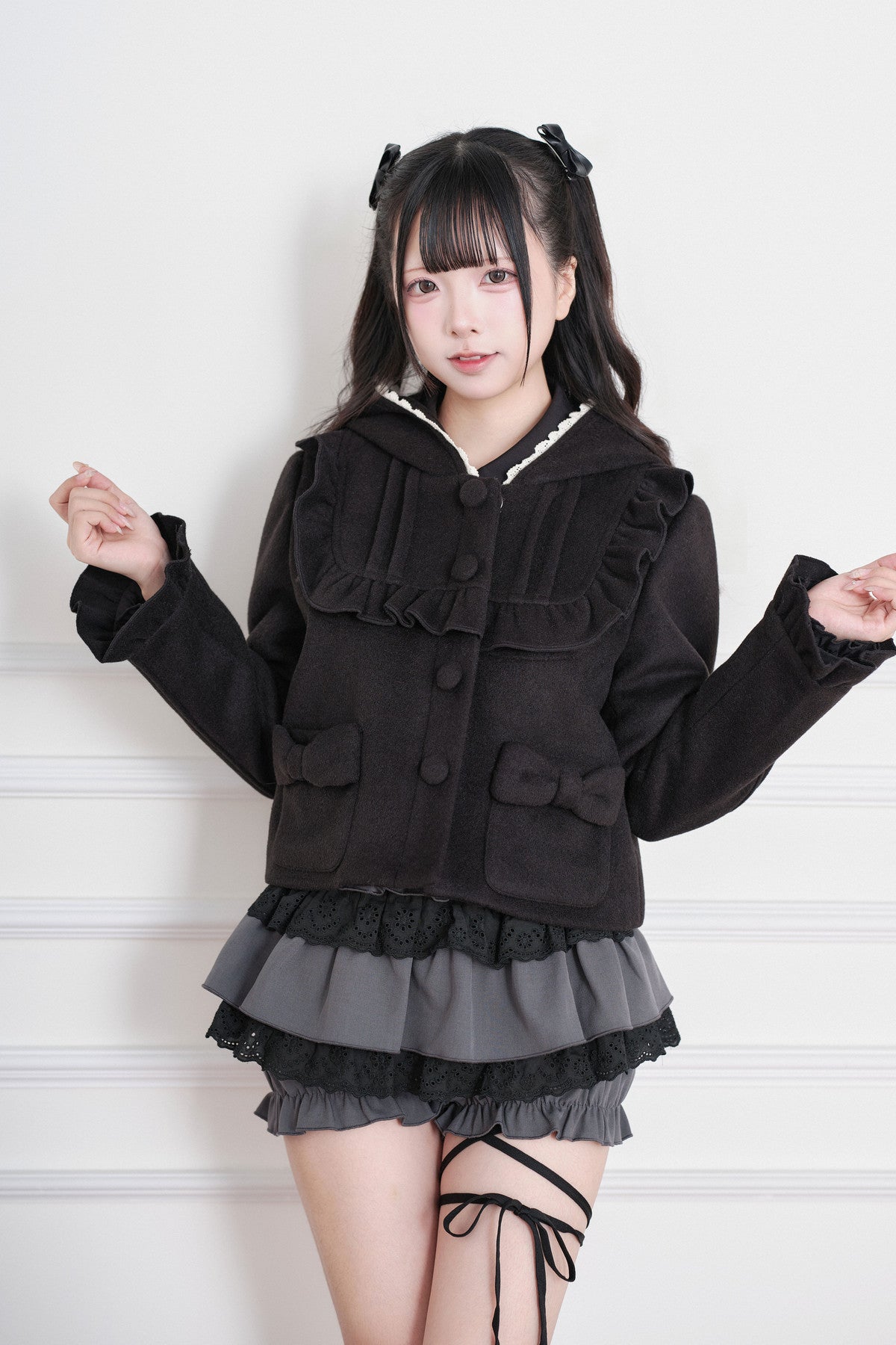 Ruffle Hooded Wool Jacket