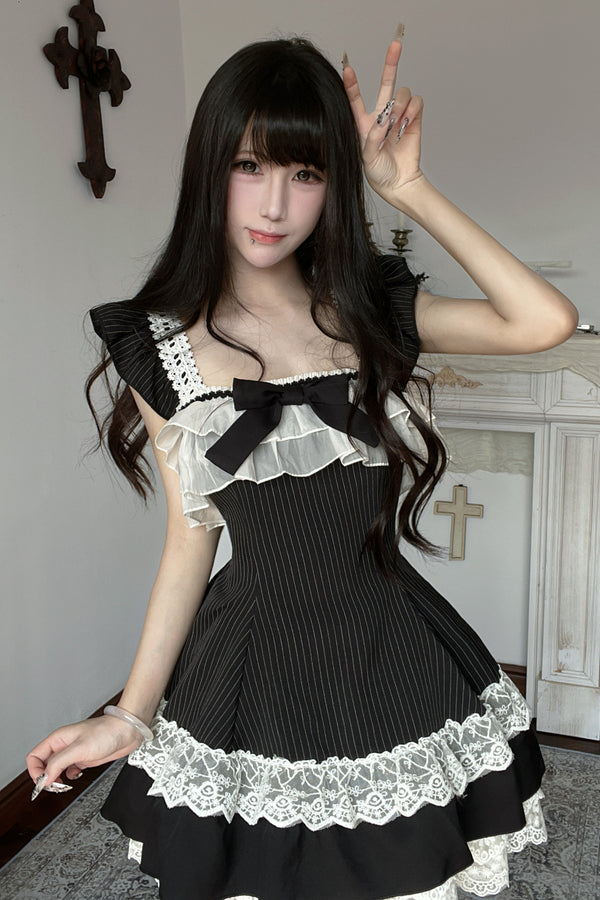 Vertical Stripe Lace Flutter Sleeve Dress