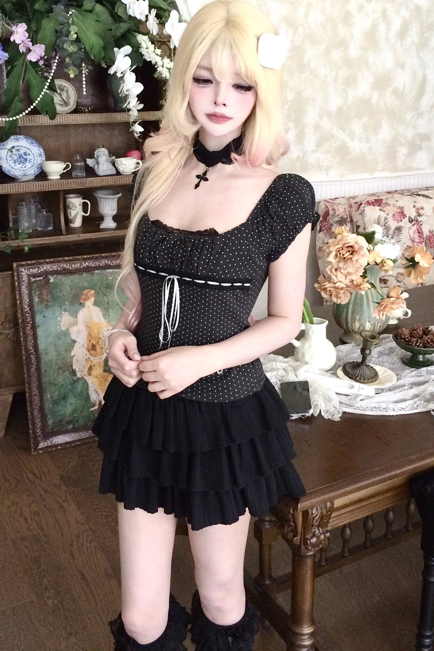 Polka Dot Lace Trim Tie-Up T-Shirt and Ruffle Skirt Set