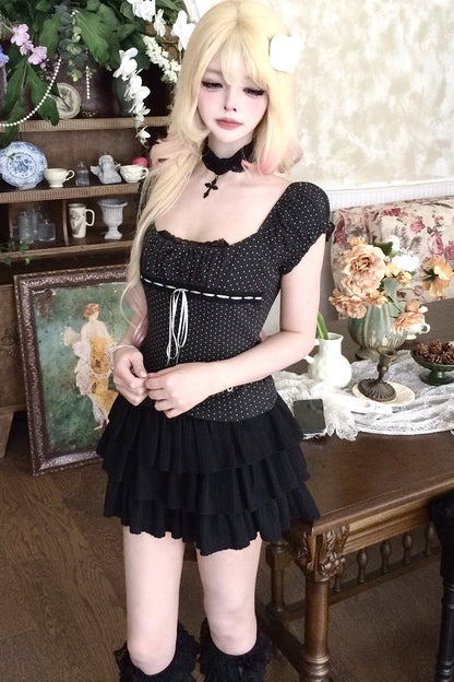 Polka Dot Lace Trim Tie-Up T-Shirt and Ruffle Skirt Set