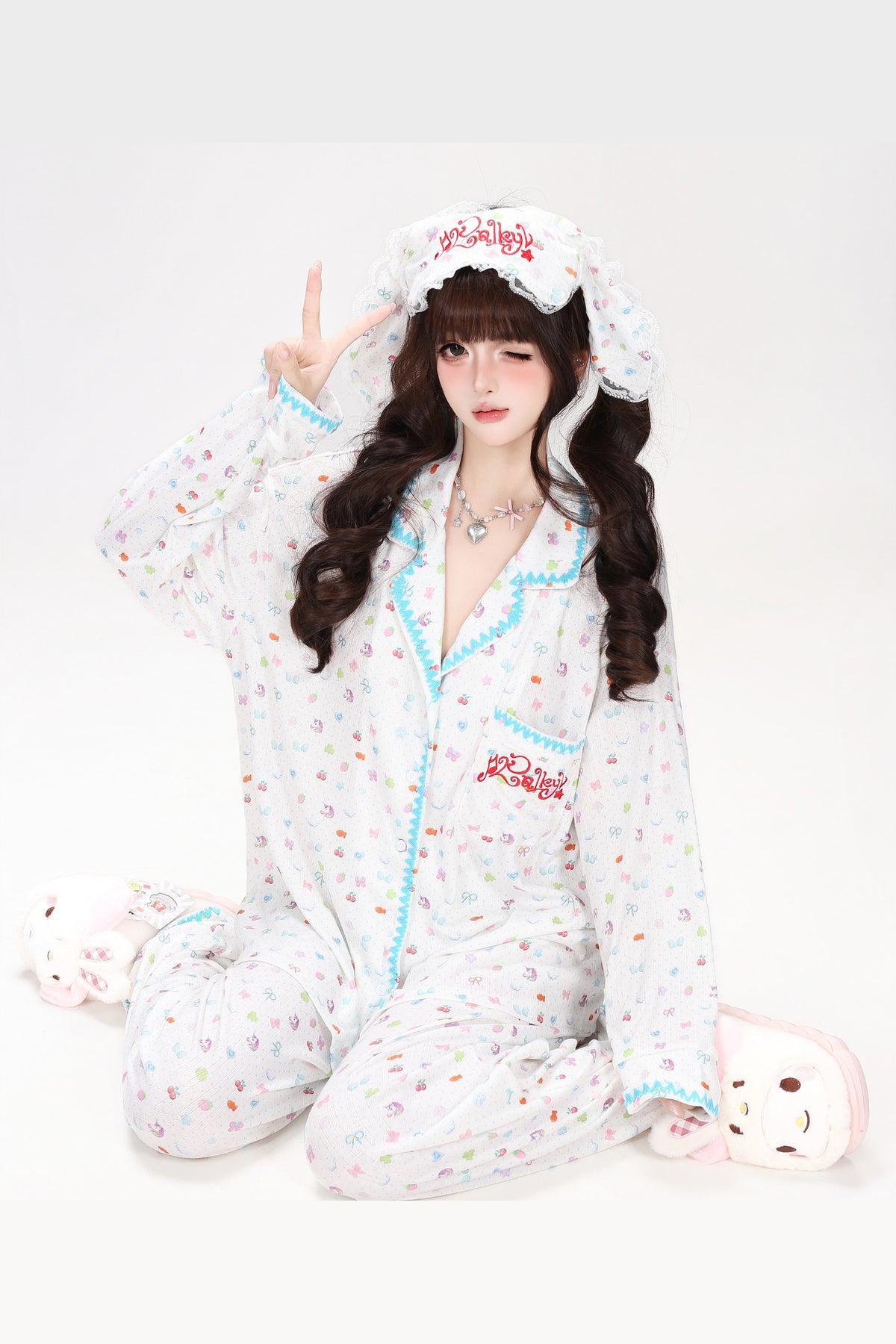 Colorful Bunny Print Long-Sleeved Pajama Top Set