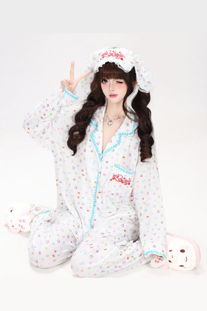 Colorful Bunny Print Long-Sleeved Pajama Top Set