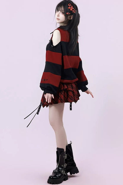 Striped Leather Trim Off-Shoulder Sweatshirt