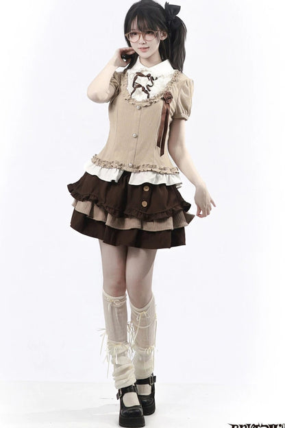 Rose Brown Lace Knit Top + Skirt
